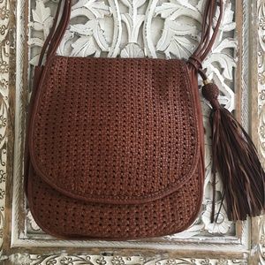 woven leather tassel brown bag cross body medium